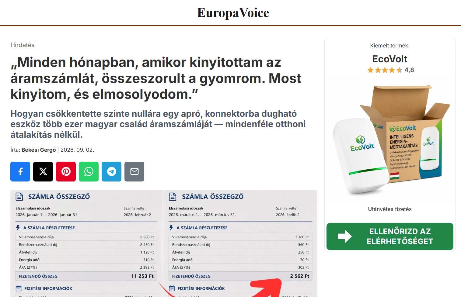Europa Voice néven futó reklám árammegtakarítási lehetőség magyarázattal